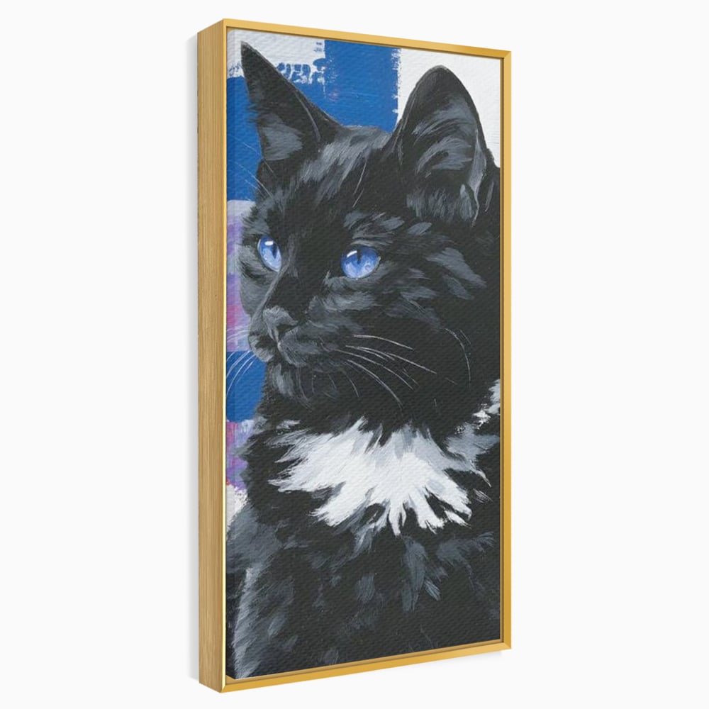 Tablou canvas cu tablou canvas cu pisica neagra, in rama de aluminiu auriu